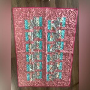 Quilt homemade pink/ teal/ grey / white size 56x40